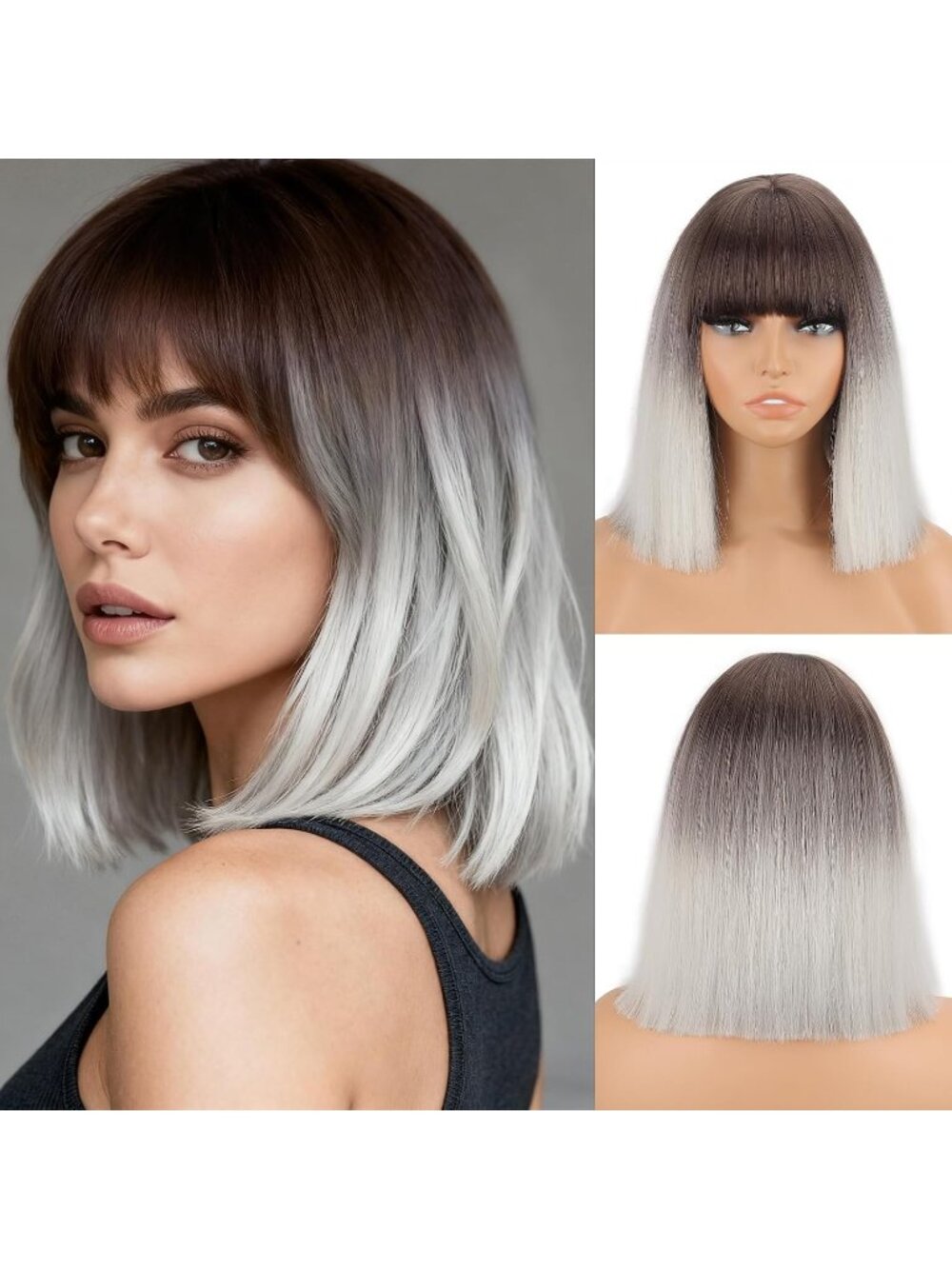Women's Brown White 11 Inch Heat Resistant Synthetic Short Straight Wigs Bangs